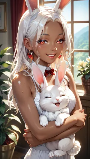 score_9, score_8_up, score_7_up, The image is an illustration of a young woman with long white hair and red eyes. She is wearing a white tank top and has a pair of bunny ears on her head. The woman is holding a white rabbit in her arms and is kissing it tenderly. The rabbit has its eyes closed and appears to be sleeping. The background is a room with a window and a plant. The overall mood of the image is peaceful and serene. dark_skin, rating, safe, white_hair, heart, animal_ears, 1girl, red_eyes, long_hair, parted_bangs, bunny_ears, hug, bare_shoulders, window, smile, half-closed_eyes, indoors, looking_at_viewer, one_eye_closed