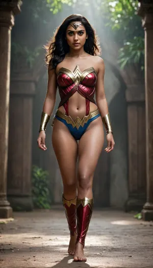 A Indian Kerala Woman, a naked super woman, wonderwoman, small boobs, full body view, naked, spreadlegs, perfectface, wetpussy, perfectpussy