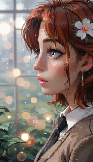 ziprealism, (avant-garde fashion esthetic, professional portrait), (f/2.8, f2.8, f28, (shallow depth of field), , , soft bokeh, layered composition, face closeup, tight closeup, shot in profile, focus on eyes:1.4), (vibrant auburn hair with coppery highlights, short hair, swept-back hairstyle, flowers in hair), (catchlights, limbal rings, large expressive eyes, stunning eyes, long delicate eyelashes, perfect eyes), (full lips, soft lips, moist lips:1.2), (white waterline eyeliner, doe-eye makeup, soft blush, soft facial features), (adoration, loving gaze, in love), (porcelain skin), (subtle freckles, subtle skin imperfections:.4), igbaddie, (incase style), pixel, art, pixelart, <lora:ratatatat74-000050:1.3>, <lora:outline_xl_kohaku_delta_spv5x:1.8>, <lora:cartoon_stickers_xl_v1:.6>, <lora:NEOTOKIOXL_0.2_RC:.4>, <lora:pixel_stormXL:.3>