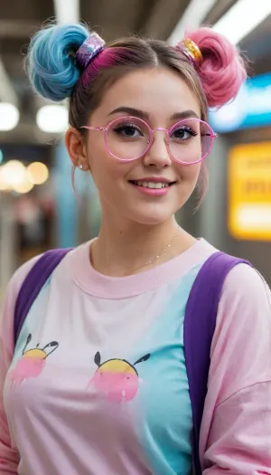 photorealistic, A vibrant, colorful realistic skin chubby woman with a trendy soft hairstyle, (e.g., space buns with dyed tips), She's playfully, shyly smiling and pointing directly at the viewer, with a cheeky, rebellious attitude. Her outfit is ultra-stylish — think Y2K streetwear with bold colors, layered accessories, oversized sunglasses on her head, glossy lips, and nail art. The background is a dreamy pastel gradient with sparkles and neon shapes. She radiates Gen Z energy, confidence, and fun. High detail, soft lighting, anime-inspired, full-body shot.--- Background is japan metro