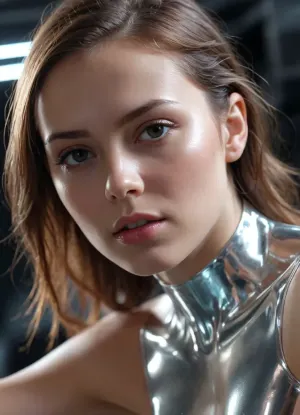 Cinematic close-up, liquid metal young woman transforming dynamically, morphing from a flexible, stretching gel into a solid transparent crystal, hyper-realistic lighting, glowing electric pulses inside the material, stunning macro details, futuristic sci-fi feel, volumetric shadows, ultra-HD CGI, photorealistic reflections, high-end cinematic quality., [Truck left, Pan right, Tracking shot]
