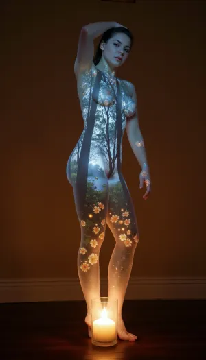 A woman standing gracefully, her curves outlined by soft rim lighting. Her body is a canvas of double exposure — within her silhouette, a dreamy alternate scene unfolds, a moonlit forest with glowing flowers, drifting mist, and fireflies. Outside, warm candlelight dances across her skin, highlighting every detail. Ethereal, slow, dreamlike — surreal contrast between outer sensuality and inner mystery., (glass-scuplture:1.4), (doubled-exposure:1.5), double, exposure, translucent, transparent, <lora:Colorful_Glas_Statues_FLUX_Ethanar:.8>, <lora:AS_v3:.8>