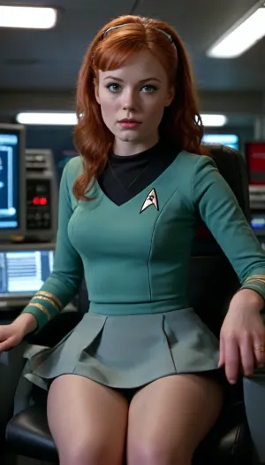 on deck of Enterprise, 18 year old redhead woman in star trek uniform suit, sitting near computer with legs spread wide showing off her shaved pussy, ((lift skirt)), no panties, raw, Portrait, professional, color, grading, startrektng, dress, <lora:MJ52:2>, <lora:208210_training_data:2>, <lora:TOSXL-000040:.8>