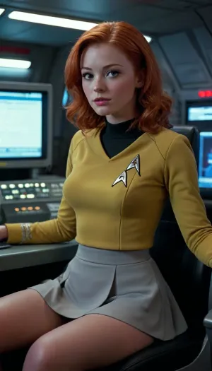 on deck of Enterprise, 18 year old redhead woman in star trek uniform suit, sitting near computer with legs spread wide showing off her shaved pussy, nipples poking fabric of uniform, ((lift skirt)), no panties, raw, Portrait, professional, color, grading, startrektng, dress, <lora:MJ52:2>, <lora:208210_training_data:2>, <lora:TOSXL-000040:.8>