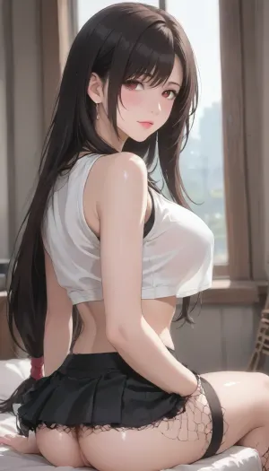 ai_generated, (Tifa Lockhart, pretty face, crop top, fishnet under shirt, mini skirt, long hair), large_breast, showing_back, ass, sitting, ((facing her back to viewer)), Sexy Girl, (Shiny Skin), ((perfect pussy)), ((Hentai)), <lora:outline_xl_kohaku_delta_spv5x:1.6>, <lora:NEOTOKIOXL_0.2_RC:.7>, <lora:Ppolar-P3v1-NbVp10:1.6>, <lora:cartoon_stickers_xl_v1:1.2>, <lora:JYT:1.6>