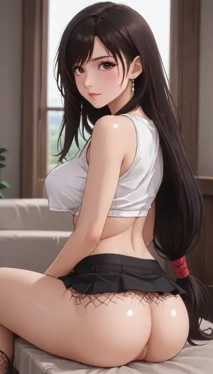 ai_generated, (Tifa Lockhart, pretty face, crop top, fishnet under shirt, mini skirt, long hair), large_breast, showing_back, ass, sitting, ((facing her back to viewer)), Sexy Girl, (Shiny Skin), ((perfect pussy)), ((Hentai)), <lora:outline_xl_kohaku_delta_spv5x:.7>, <lora:NEOTOKIOXL_0.2_RC:.7>, <lora:Ppolar-P3v1-NbVp10:1.3>, <lora:cartoon_stickers_xl_v1:.8>, <lora:EnvyCuteXL04:1.5>