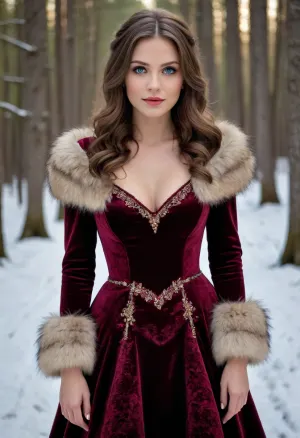 (masterpiece, best quality:1.2), 1 czech 30yo woman, (she wears a opulent heavy velvet dress with fur, like a princess:1.4), outdoors, (long wavy brunette hair:1.2), bright blue eyes, in snowy winter landscape, in the woods, photorealism