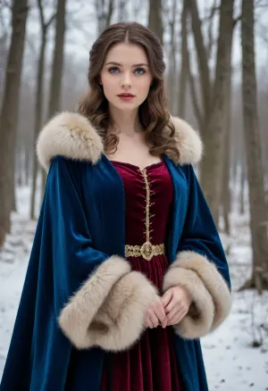 (masterpiece, best quality:1.2), 1 czech 30yo woman, like a princess, (she wears a medieval velvet winter dress and a fur cape:1.4), outdoors, (long wavy brunette hair:1.2), bright blue eyes, in deep snowy winter landscape, in the woods, photorealism