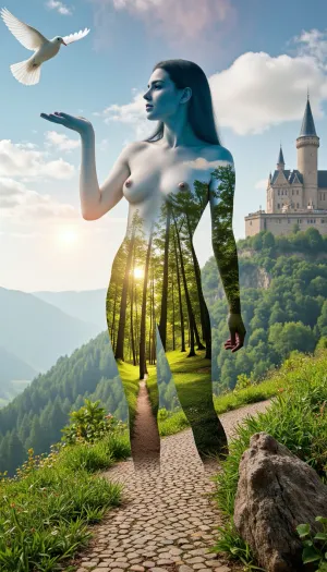 An elegant woman standing tall with an air of ethereal grace, her form delicately intertwined with the vibrant hues of a mystical forest. The double exposure technique masterfully merges the beauty of nature with her visage, revealing a symphony of emerald leaves and golden sunrays dancing across her skin. Her eyes, deep pools of sapphire, reflect the ancient wisdom of the trees that whisper their secrets. Her hair cascades down her back, blending into the intricate patterns of a cobblestone path that winds through the enchanted woods, leading to a grand castle perched atop a distant hill. The woman's silhouette is adorned with a soft glow, hinting at the magic that resides within her soul. The architecture of the castle merges with her form, the turrets and spires echoing the curves of her body, as if she is the living embodiment of the enigmatic realm she inhabits. The sky above is a canvas of swirling blues and purples, a cosmic backdrop that mirrors the tumultuous emotions and boundless imagination within her heart. Her arms stretch out, fingers unfurling like petals, as a flock of doves ascend from her palms, symbolizing peace and freedom. The overall composition is a breathtaking blend of reality and fantasy, inviting the viewer to dive into a world where beauty, nature, and magic coalesce into a single, harmonious being.
