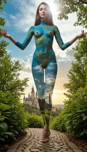 An elegant woman standing tall with an air of ethereal grace, her form delicately intertwined with the vibrant hues of a mystical forest. The double exposure technique masterfully merges the beauty of nature with her visage, revealing a symphony of emerald leaves and golden sunrays dancing across her skin. Her eyes, deep pools of sapphire, reflect the ancient wisdom of the trees that whisper their secrets. Her hair cascades down her back, blending into the intricate patterns of a cobblestone path that winds through the enchanted woods, leading to a grand castle perched atop a distant hill. The woman's silhouette is adorned with a soft glow, hinting at the magic that resides within her soul. The architecture of the castle merges with her form, the turrets and spires echoing the curves of her body, as if she is the living embodiment of the enigmatic realm she inhabits. The sky above is a canvas of swirling blues and purples, a cosmic backdrop that mirrors the tumultuous emotions and boundless imagination within her heart. Her arms stretch out, fingers unfurling like petals, as a flock of doves ascend from her palms, symbolizing peace and freedom. The overall composition is a breathtaking blend of reality and fantasy, inviting the viewer to dive into a world where beauty, nature, and magic coalesce into a single, harmonious being.