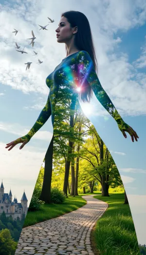 An elegant woman standing tall with an air of ethereal grace, her form delicately intertwined with the vibrant hues of a mystical forest. The double exposure technique masterfully merges the beauty of nature with her visage, revealing a symphony of emerald leaves and golden sunrays dancing across her skin. Her eyes, deep pools of sapphire, reflect the ancient wisdom of the trees that whisper their secrets. Her hair cascades down her back, blending into the intricate patterns of a cobblestone path that winds through the enchanted woods, leading to a grand castle perched atop a distant hill. The woman's silhouette is adorned with a soft glow, hinting at the magic that resides within her soul. The architecture of the castle merges with her form, the turrets and spires echoing the curves of her body, as if she is the living embodiment of the enigmatic realm she inhabits. The sky above is a canvas of swirling blues and purples, a cosmic backdrop that mirrors the tumultuous emotions and boundless imagination within her heart. Her arms stretch out, fingers unfurling like petals, as a flock of doves ascend from her palms, symbolizing peace and freedom. The overall composition is a breathtaking blend of reality and fantasy, inviting the viewer to dive into a world where beauty, nature, and magic coalesce into a single, harmonious being.