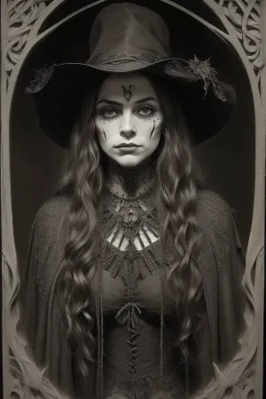 A detailed, sepia-toned Gothic-style drawing. It depicts a toplees witch with long, wavy hair, wearing a pointed, leaf-decorated hat and a tattered cloak. Her face is painted grotesque. Surrounding her are skulls, bats, and twisting, thorny vines, creating a macabre, eerie atmosphere. The background is densely filled with intricate, organic patterns. Dark, mystical atmosphere. #©KITTYART

























#©KITTYART