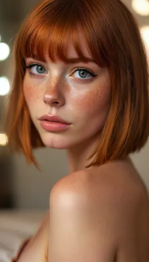 ziprealism, (intimate snapshot esthetic), (adorable woman, charming girlfriend, soft smile, warm loving gaze, bashful pose, cozy modern bedroom:1.2), (f/2.8, shallow depth of field, creamy bokeh, extreme face closeup shot, layered composition, strong vignette, focus on eyes:1.4), (vibrant ginger hair, blunt bangs hair, voluminous satiny hair, inverted Bob hair cut, A-line Bob hair cut, short hair, straight hair, hair framing face:1.8), (catchlights, sharp contrasting limbal rings, large expressive eyes, stunning eyes, perfect eyes, long delicate eyelashes), (soft facial features, subtle freckles:1.4), igbaddie, <lora:igbaddie-XL:.84>, <lora:MJ52:.4>, but, <lora:BUT_SDXL_SHS:.1>