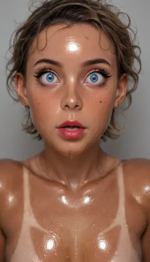 8K, score_9, score_8_up, score_8, score_7_up, score_7, score_6_up, 18yo, young girl, (((photo of face only))), detailed eyes, dark eyebrow, cute face, freckles, skinny body, short, small face, cute, innocent, shy, skinny girl, (muscular body:1.5), (astonished face:1.8), short hair, messy hair, nude body, (((lipstick))), ((((big long thick black eyelashes)))), (very oiled skin:1.8), (tan:3), (seductive makeup), (glossy skin), (oily skin), (fair skin), ((wet skin)), (stunning blue eyes, adorable freckles, full lips, soft lips), slutty face, extasy orgasming face, detailxl, HDR, UHD, ((soft focus)), on gray background, little natural teardrop breasts, [[[[ankle bracelet, full body, puffy cameltoe, puffy asshole, puffy pussy, (hairy pussy:1), thin waist, slim legs, pubic hair, (((small hips:1.8))), , , barefoot, ((huge cameltoe pussy:1.8)), , , ((oversized pussy:1)), , , ((thigh gap:1.9)), , , (((view from behind))), , , (((full-length photo:1.3))), , ]]]], <lora:Thigh_gap_SDXL:1.9>