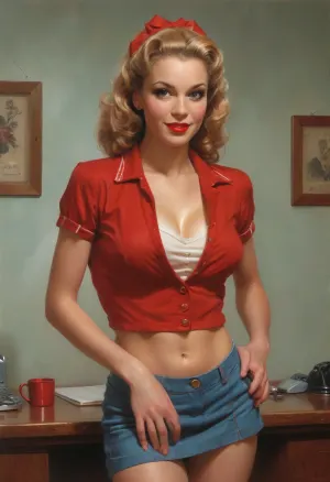 A pin-up style illustration of a young woman with a mid-20th century retro aesthetic. Full length. She has large expressive eyes, white skin, soft wavy fire elemental hair in a 1950s hairstyle, and a cheerful or playful expression.two women, 2women, 20 yo and 38 years old sexy photomodel secretaries, shy, ((fully clothed)), nonnude receptionists working standing at modern luxurious hotel reception desk, hotel lobby, modern hotel, lobby, black ponytail hair, hair bangs, light eyes, white office blouse, hotel uniform, black tight skirt long skirt, white blouse, name plate "Sarah", big natural saggy breasts, focused on computer in front of her, typing on keyboard, with cum on her face, cum in her hair, cum on her clothes, cumshot facials, (bukkake:1.6), on, cloth, hotel, room, reception, revealing cleavage, standing, full shot, strict glasses, ((hotel reception, hotel desk:1.44)), fully clothed, slim body, cum on her face, (((cum on clothes))), sperm on face, ((wall behind with many keys from the hotel rooms)), hotel keys, (mature:1.39), ((strict hotel uniform:1.4)), dark skirt, pinstripe, cleavage, red floor, pink desk, wet shirt, wet blouse, huge breasts, thin waist, 32dd, deep cleavage, torn blouse, side view., (e.g. post-apocalyptic wasteland), . Illustration is rendered in traditional pin-up painting style, (like Gil Elvgren), with warm tones and gentle shading, sagging, fire, elemental, style, of, Art, Frahm, latex, matte, shiny, inflatable, <lora:sagging-000015:2>, <lora:RPGFireElementalXL:1.5>, <lora:tbh210-sdxl:1.5>, <lora:shinylatex-merged:2>