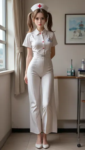 25 years old, beautiful, girl, nurse, tight trousers, full length, looking at the viewer, sexy, mega, twintails, big, hair, <lora:xl_mega_twintails-1.0:.5>