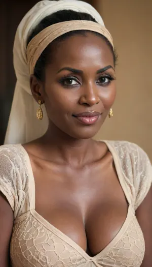 Sudanese 80 year old face 30 year old body busty woman, tight net salvar, large boobs, Long eyelashes, heavy make up, full body view, long hair, big ponytail, happy face