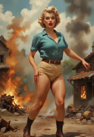 A pin-up style illustration of a young woman with a mid-20th century retro aesthetic. Full length. She has large expressive eyes, white skin, soft wavy fire elemental hair in a 1950s hairstyle, and a cheerful or playful expression.Masterpiece, highly detailed, high quality, full body photoshoot, hdr, 4k, Hairy, unshaven, Fat, loose, obese, cellulitic, soft, saggy, elderly blonde granny with an unpleasant face, short pixie haircut, she standing on all fours, Ripped jeans, ripped blouse ., (e.g. post-apocalyptic wasteland), . Illustration is rendered in traditional pin-up painting style, (like Gil Elvgren), with warm tones and gentle shading, sagging, fire, elemental, style, of, Art, Frahm, latex, matte, shiny, inflatable, <lora:sagging-000015:2>, <lora:RPGFireElementalXL:1.5>, <lora:tbh210-sdxl:1.5>, <lora:shinylatex-merged:2>
