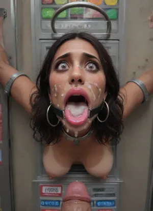 (40 years adult), (woman is stuck with her hips in a round hole with metal rim in a vending machine), (her bust is protruding from a round hole in the front of the vending machine:1.5), (stuck in hole with metal rim:1.3), (vending machine at night, slot for payment), (wide mouth spreader ring gag, gaping mouth:1.5), (leaning forward), (embarrassed, ashamed), (pleading expression:1.2), (terrified:1.6), (crying), (fear and panic:1.2), (box is low mounted, close to floor), (score_9, score_8_up, score_7_up, UHD 8K, masterpiece, best quality, maximum details, natural light, extreme realism, cinematic still), (huge penis:1.4), (she stares at erect penis in front of her face:1.3), (POV from above, she is looking up to viewer, submissive), (POV man standing and looking down, man stroking his big dick:1.1), (arms restrained to wall), (her arms left and right flat against the wall, multiple iron rings fixing her stretched arms against the wall:1.5), (POV standing man, looking down on her:1.2), (mouth wide open), (black hair), (Indian slut:1.8), (rich bitch:1.4), (dark brown skin:1.3), (tan lines), (iron rings restrain her arms to vending machine), (her arms are spread eagle against vending machine:1.8), (arms restrained with iron rings:1.8), (free-standing vending machine), (her face is covered in cum:1.6), (cum in her mouth:1.1), (bukkake, facial:1.3), (transparent liquid:1.2), (realistic cum), (wet face:1.2), (oily skin:1.5), (stuck with hips in a round hole with metal rim:1.6), (eyes wide open in horror:1.3), (her mouth serves only one purpose), (she's got a new job, she's a public cum dumpster), (pink glossy lips:1.3), (shocking pink lips, pink lipstick:1.5), (eerie lighting:1.3), (smeared lipstick:1.3)