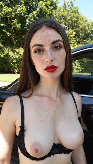 Sexy mature girl, 46 years old American woman, brown long straight hair, milf, white skin, thin, natural rounded breasts, big black eyes, red lips, fake lips, freckles on face, big black eyebrows, skin reflects sunlight, round cheeks, small nose, in the morning, hot sunny day, rhinoplasty, wearing a black lace bra with cut-out details, standing next to a luxury car, 3/4 body view