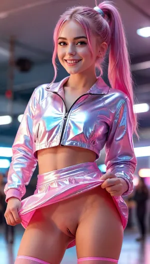A confident european 18 year old young woman with sleek silver-pink hair tied in a high ponytail stands on a glossy, glowing runway. Happy playful smile, She wears a shiny cropped iridescent jacket, paired with shiny high-waisted vinyl extreme short micro skirt and tall white platform boots., (extreme short micro skirt), (smooth pussy upskirt:1), shaved pussy, Her hand is raised in greeting, concentric neon rings, skirtlift, <lora:MJ52:.8>, <lora:skirtlift_xl:.4>