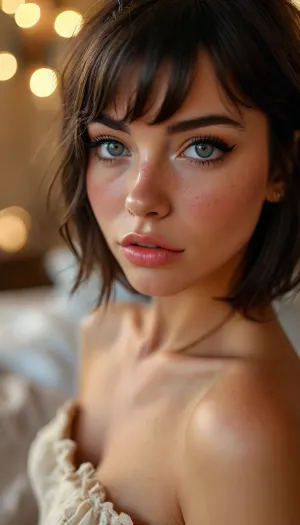 ziprealism, (intimate snapshot esthetic, French inspired, stunning French woman), (adorable woman, soft smile, warm loving gaze, bashful pose, cozy French bedroom:1.2), (f/2.8, shallow depth of field, creamy bokeh, extreme face closeup shot, tight headshot, focus on eyes:1.6), (glossy ink black hair, blunt bangs hair, thick voluminous hair, inverted bob cut hair, chic short hair, loose hair framing face:1.4), (catchlights, limbal rings, large expressive eyes, stunning eyes, perfect eyes, long delicate eyelashes), (classic French facial features, subtle freckles), igbaddie, but, <lora:igbaddie-XL:.4>, <lora:MJ52:.8>, <lora:BUT_SDXL_SHS:.1>