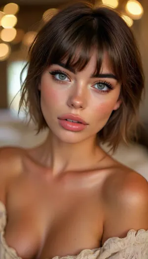 ziprealism, (intimate snapshot esthetic, French inspired, stunning French woman, cozy French bedroom), (adorable woman, soft smile, warm loving gaze, bashful pose:1.2), (f/2.8, shallow depth of field, creamy bokeh, extreme closeup shot, tight headshot, intimate facial portrait, Dutch Angles, focus on eyes:1.6), (glossy ink black hair, blunt bangs hair, thick voluminous hair, inverted bob cut hair, chic short hair, loose hair framing face:1.4), (catchlights, limbal rings, large expressive eyes, stunning eyes, perfect eyes, long delicate eyelashes), (classic French facial features, flawless porcelain skin), igbaddie, but, <lora:igbaddie-XL:.4>, <lora:MJ52:.8>, <lora:BUT_SDXL_SHS:.1>