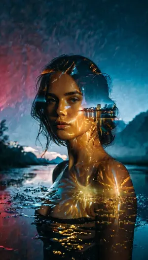 Beautiful woman, (full body), official art, extremely detailed CG unity 8k wallpaper, perfect lighting, Colorful, Bright_Front_face_Lighting, shiny skin, (masterpiece:1), (best_quality:1), ultra high res, 4K, ultra-detailed, photography, 8K, HDR, highres, (vibrant_color:1.2), professional photograph, (full length body), cinematic, great shading, moody lighting, landscape is river with neon lights, ((double exposure:1.5)), Double, Exposure, style, of, <lora:Double_Exposure_5:1>, <lora:add-detail-xl:1>, <lora:Creat0r_MagicDetailzV2_FIX:.8>, <lora:MJ52:.1>