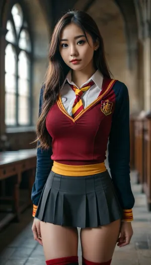 Pretty Asian girl posing in Hogwarts, facing towards the camera, full front view of entire body, being sexy, slim waist, curvy hips, long hair, thigh gap, staring directly at camera with sexy expression, (sexy female gryffindor student wearing very tight uniform, tiny short skirt, blouse open showing her large full breasts), hogwarts, <lora:MJ52:.8>