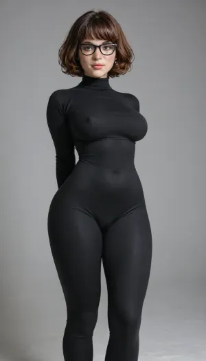 masterpiece, award winning photo, high detail, photo realistic, best quality, Velma, in a, (sexy tight brightly leggings outfit:2), 19yo, petite woman, gigantic erect hard nipples, poking nipples, very huge tits, super large huge 80inch breasts, bulging big tits, short dark hair, very deep visible cameltoe, large labia, very wide hips, small waist, big round butt, seductive smile on her face, sexy pose, showing big butt, full body view, MaiLoRa, <lora:JadeTeen_XL-000010:1.4>, <lora:MaiLoRa XL v1.0:2>