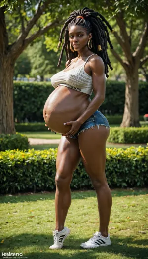 dark skin ebony woman, 20 years old, extremely long dreadlocks, hyper dreadlocks, hair down to her ankles, 8 months pregnant, super pregnant belly, in a park, Long, hair, <lora:SDXL_long_hair_Sa_May:.8>, <lora:246141_training_data:.8>