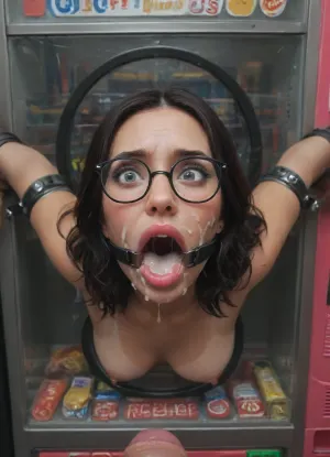 (40 years adult), (black Nigerian beauty:1.8), (woman is stuck with her hips in a round hole with metal rim in a vending machine), (her bust is protruding from a round hole in the front of the vending machine:1.5), (stuck in hole with metal rim:1.3), (vending machine at night, slot for payment), (wide mouth spreader ring gag, gaping mouth:1.5), (leaning forward), (embarrassed, ashamed), (pleading expression:1.2), (terrified:1.6), (crying), (fear and panic:1.2), (box is low mounted, close to floor), (score_9, score_8_up, score_7_up, UHD 8K, masterpiece, best quality, maximum details, natural light, extreme realism, cinematic still), (huge penis:1.4), (she stares at erect penis in front of her face:1.3), (POV from above, she is looking up to viewer, submissive), (POV man standing and looking down, man stroking his big dick:1.1), (arms restrained to wall), (her arms left and right flat against the wall, multiple iron rings fixing her stretched arms against the wall:1.5), (POV standing man, looking down on her:1.2), (mouth wide open), (glasses, wearing spectacles:1.4), (tan lines), (iron rings restrain her arms to vending machine), (her arms are spread eagle against vending machine:1.8), (arms restrained with iron rings:1.8), (free-standing vending machine), (her face is covered in cum:1.6), (cum in her mouth:1.1), (bukkake, facial:1.3), (transparent liquid:1.2), (realistic cum), (wet face:1.2), (oily skin:1.5), (stuck with hips in a round hole with metal rim:1.6), (black hair:1.5), (eyes wide open in horror:1.3), (her mouth serves only one purpose), (she's got a new job, she's a public cum dumpster), (pink glossy lips:1.3), (shocking pink lips, pink lipstick:1.5), (eerie lighting:1.3), (smeared lipstick:1.3)