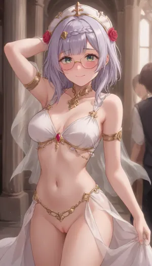 genshin, noelle, strong blush, golden thin round glasses, long hair, micro belly dancer outfit, dancing, horny smile, pussy visible, <lora:outline_xl_kohaku_delta_spv5x:1.3>, <lora:NEOTOKIOXL_0.2_RC:.7>, <lora:Ppolar-P3v1-NbVp10:.7>, <lora:one breast out XL:2>, <lora:cartoon_stickers_xl_v1:.5>