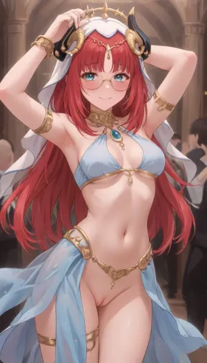 genshin, nilou, strong blush, golden thin round glasses, long hair, purple micro belly dancer outfit, dancing, horny smile, pussy visible, <lora:outline_xl_kohaku_delta_spv5x:1.3>, <lora:NEOTOKIOXL_0.2_RC:.7>, <lora:Ppolar-P3v1-NbVp10:.7>, <lora:one breast out XL:2>, <lora:cartoon_stickers_xl_v1:.5>