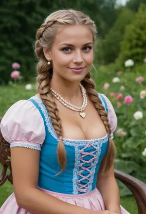 ((show full body)), woman, 27yo, austrian beauty, (5 feet 8 inches high), normal figure, very small breasts, (a cup), very long hair, natural blonde hair, soft tanlines, brown beautifull eyes, light pink painted nails, pearl earrings, necklace, soft makeup, in traditional blue austrian dirndl dress, smiling, detailed skin, cinematic, artful braided hair, in wonderful garden, gingerbread heart around the neck, sitting