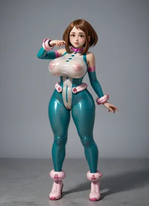 (((ochako uraraka from my hero academia))), full body view, fighting pose, ((transparent)), transparent latex hero suit, extremely puffy pussy, massive breasts, abs, ((gigantic erect nipples)), big ass, wide hips, tiny waist, ((seductive look on face)), perfect eyes, perfect face, perfect anatomy, Uravity, <lora:SDXLHighDetail_v6-000005:.8>