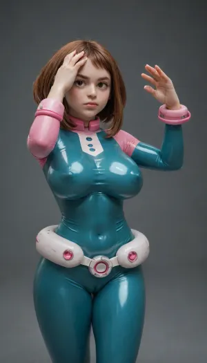 (((ochako uraraka from my hero academia))), fighting pose, transparent latex hero suit, extremely puffy pussy, massive breasts, abs, ((gigantic erect nipples)), big ass, wide hips, ((determined look on face)), perfect eyes, perfect face, perfect anatomy, Uravity, <lora:ClearHand-V2:1.5>, <lora:SDXLHighDetail_v6-000005:2>