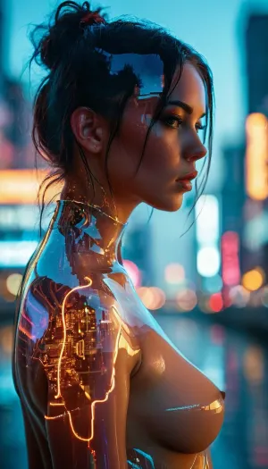 Beautiful, voluptuous cyberpunk woman, (full body), official art, (masterpiece:1), (best_quality:1), ultra high res, 4K, 8K, HDR, highres, extremely detailed CG unity 8k wallpaper, perfect lighting, glowing neon reflections, colorful cyberpunk aesthetic, Bright_Front_face_Lighting, shiny oiled skin, (vibrant_color:1.2), cinematic composition, professional NSFW photography, full-length nude figure, seductive pose, confident and alluring gaze, great shading, moody ambient lighting, exposed skin highlighted by flickering city lights.

The background is a futuristic riverfront glowing with neon signs, holograms, and mist, casting surreal reflections., ((Double exposure:1.5)), dreamlike overlay—her body merging with the neon cityscape, circuit patterns, and holographic fragments. Her silhouette becomes a living canvas of glowing data streams and digital lights. Double, Exposure, style, of, <lora:Double_Exposure_5:1>, <lora:add-detail-xl:1>, <lora:Creat0r_MagicDetailzV2_FIX:.8>, <lora:MJ52:.1>