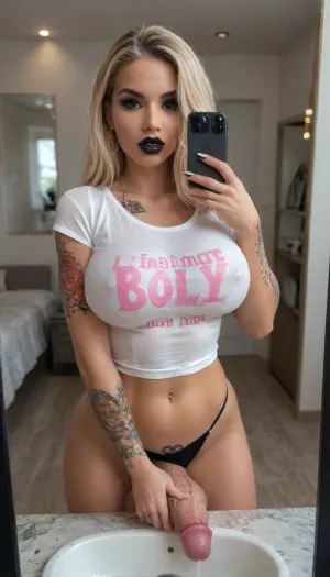 ((realistic futanari latina big cock big balls, gothic, metal-head, tattooed, black lipstick)), ((big silicone bimbo boobs)), (silicone bimbo lips), ((ultra bimbo doll)), ((white wet tshirt)), (panties on the side), (boob piercings), living room mirror selfie, (cumming on mirror), (((bimbo doll))), bmbplora, iphone, mirror, selfie, holding, <lora:add-detail-xl:1.3>, <lora:FutaCockXL:2>, <lora:bombshell_v2:2>, <lora:bimboxl_02:2>, <lora:phone_v01:2>