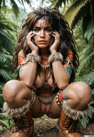 in a jungle, (close up face:1.7), (powerful 20yo brunette model:1.2), (beast fur cavewoman outfit, tribal tattoo, beast fur boots:1.5), (extremely long messy hair:1.3), squatting, front view, slim body, (round firm ass:1.2), beautiful blue eyes, looking at the viewer, (bratty expression:1.3), exposed breasts, (big natural breasts:1), (holding rusty chain:1.3), exposed pussy, (hairy pussy:1.1), <lora:add-detail-xl:1>, <lora:sunnyrayyxo_v1_SDXLBase:.7>