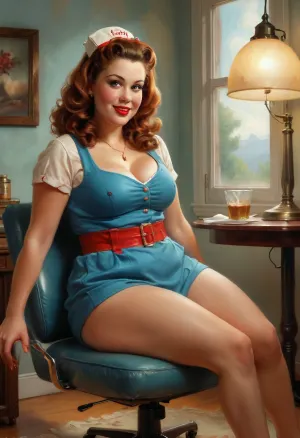 A pin-up style illustration of a young obese overweight, curve woman with a mid-20th century retro aesthetic. Full length. She has large expressive eyes, golden skin, soft wavy black elemental hair in a 1950s hairstyle, and a cheerful or playful expression., Soft bright dim moody lighting, cinematic photo, Cyberpunk, A curvy bbw, fat, chubby, belly, nurse sits in an genicological chair on hospital and watches porn on a laptop and masturbates with a vibrator with her legs spread wide, side view, bright day, ring lamp, ((white disheveled hair)), (holding a vibrator in her hand between her legs:.8), legs spread, masturbation vibrator dreaming of sex, romance, film, bokeh, professional, 8k, highly detailed, She Pissed herself during orgasm, . Illustration is rendered in traditional pin-up painting style, (like Gil Elvgren), with warm tones and gentle shading, sagging, fire, elemental, style, of, Art, Frahm, denim, matte, shiny, inflatable, <lora:sagging-000015:2>, <lora:RPGFireElementalXL:1.5>, <lora:tbh210-sdxl:1.5>