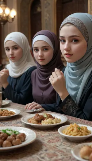 blowjob in front of Ramadan table, hijab girls sitting, pale skin, <lora:detailed_notrigger:.6>, <lora:ahxl_v1:.8>
