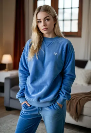 1 swiss 30yo woman, rapper, film charakter Valmira, (she wears a baggy mid blue velvet sweatshirt and velvet sweatpants:1.4), indoors in a hotel room, (longeest dyed blonde straight hair:1.2), grey eyes, pointed nose and chin, rings on the fingers, medium natural tits, <lora:681678_training_data:.5>, <lora:SDXLHighDetail_v6-000005:.5>, <lora:style_lora_realis:.5>