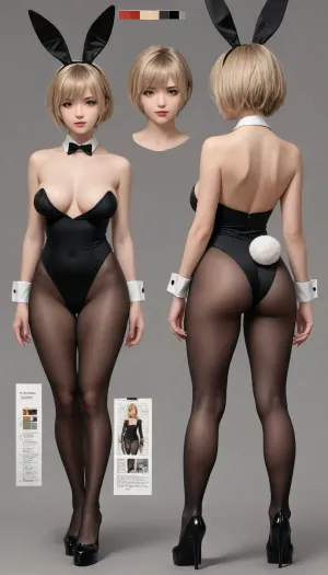(reference sheet, design sheet, multiple angles:1.2), front view, back view, photo-realistic, hyper-realism, masterpiece, best quality, Ultra-detailed, hyper-realistic, sharp edges, clear focus, full body portrait, perfect anatomy, perfect eyes, beautiful cute face, solo, Japanese girl, A glamorous bunny girl standing, wide stance, black bunnysuit, pantyhose, fake_rabbit ears, rabbit tail, wrist cuffs, navel, platform_high_heels, curvy thick body, long_torso, short_legs, huge_breasts, thick thighs, thick legs, flashy makeup, black eyes, blonde hair, pixie-cut, bangs, white_skin, smile, NSFW, navel_piercing with dangle_Jewelry, (simple_white_background:1.2), Blueprint, Blue, print, Schematic, Drawing, technical, drawing, schematic, assembly, Disassembly, diagram, <lora:Technical Blueprint - XL SDXL V2.0:.8>