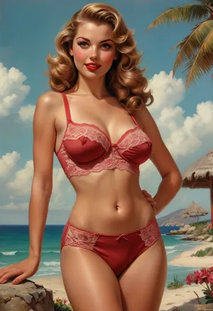 A pin-up illustration depicting a young woman in a retro style from the mid-20th century. She is depicted in full height. She has large, expressive eyes, fair skin, soft, wavy hair in a 1950s hairstyle, and a cheerful or playful expression on her face. She is wearing classic lace lingerie. She has a medium build, with natural curves and realistic proportions. She adopts dynamic or charming poses that reflect the mid-century pin-up style. Soft lighting in a vintage style, a clean background, or a stylized setting that matches the theme, (such as a post-apocalyptic beach), . The illustration is made in the traditional pin-up style, (like by Gil Elvgren), with warm tones and gentle shading, lace, sagging, style, of, Art, Frame, <lora:sagging-000015:2>, <lora:tbh210-sdxl:1.5>