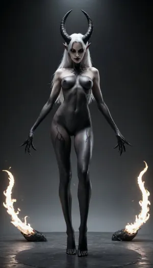 gray background, dark demon girl with black horns, (pitch black eyes, space black:1), bright white hair, good lighting, very thin, naked, space, full body, long legs, skin pattern, space demoness, fantasy, (((oiled skin))), ., <lora:BD1.1-000009:1.6>, <lora:EnvyInfernalXL01:1.6>