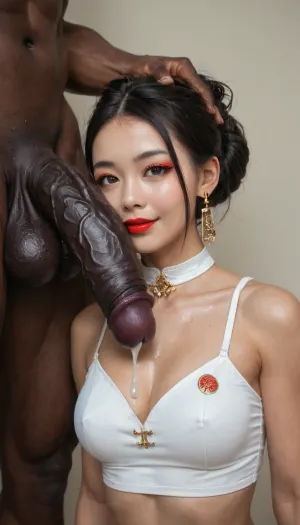 Woman with white crop top on, detailed finger, detailed anatomy, detailed face, beautiful face, Chinese woman next to muscular African men, extremely beautiful, (((Chinese, stereotypical Chinese))), long thick eyelashes, eyeliner, mascara, thin lips, red lipstick, close up, octane render, stunning beauty, HD, 4k, soft light, masterpiece, soft shadow, expressive eyes, small chest, cheekbones, lean body, super waist, long legs, thigh gap, tight body, busty thighs, thick hips, face, pinup pose, collar, crop top with blacked logo, cleavage, grabbing massive balls, black cock on face, enormous black cock, gigantic black cock, cum dripping from massive black cocks onto her breasts, hyper girth, grabbing her head, black cocks extending down to cleavage, oiled cocks, thickest black cocks, +20, fit, small natural breast, evil grin