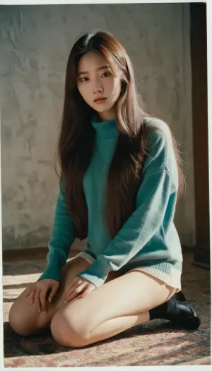 1980s, polaroid, ((Bae Joo Hyun)), ((long hair)), ((18 years old)), ((high detailed body)), ((high detailed clothes)), sweater, bottomless, kneeling, small ass, skinny legs