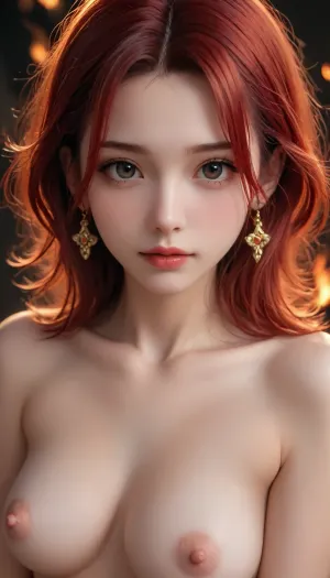 Goddess beautiful between japanese-russian milf, mixed nations, (russian50%), (japanese50%), momo girls, (young adult japanese girl 28 years old:1.2), Masterpiece, highest quality, best quality, 8k, high resolution, ultra-high resolution, ultra-detailed, (realism:1.1), (fiery red hair:1.2), straight hair, very thick false eyelashes, diamond drop earring, (large tits:1.2), (detailed background), perfectly crafted details, detailed skin texture, (the whole body in the frame:1.2), ((view from afar)), (puffy_nipples:1.3), natural, huge, nsfw, nude, gigantic, large, apart, epiCNegative, perfecteyes, topless, woman, breasts