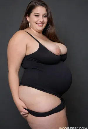 side view, Curvy gilf, looking at viewer, eye contact, portrait photo a ssbbw mature 60 year old woman, (obese:1.5), wearing a v-neck sleeveless spaghetti strap black maxidress, hourglass figure, wide, huge hips, large waist, narrow waist, saddlebags, round face, chubby cheeks, wrinkles, flushed cheeks, double chin, big eyes, long hair, brunette hair with highlights, medium hair, big smile, mouth open, lips parted, big lips, teeth showing, perfect teeth, joyful smile, (solid blank black background), pokies, hoop earrings, (wrinkles), sagging, breasts, apart, hard nipples, bottomheavy, big, ass, huge, gigantic, thick, thighs, massive, <lora:bottomheavy_v1_sdxl_tags:.8>